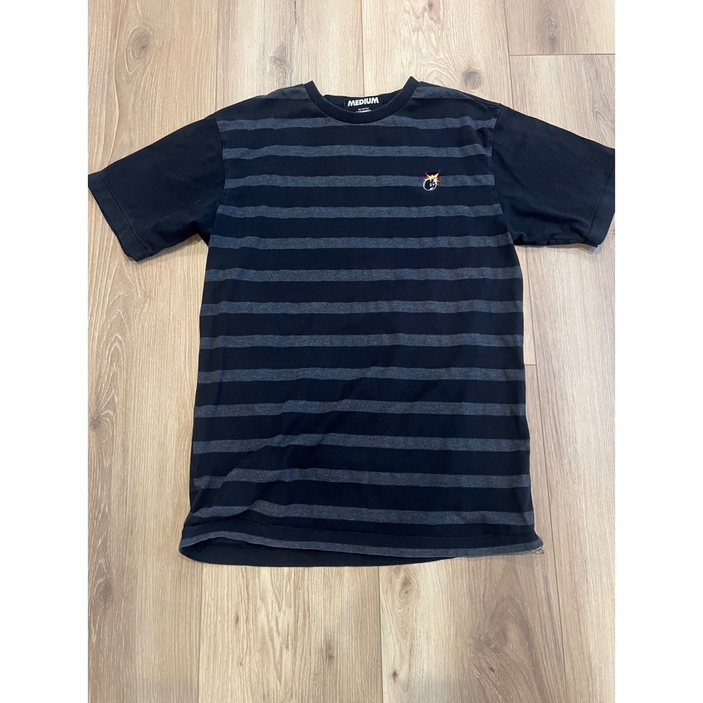The Hundreds Men's Medium Black Gray Striped T-Shirt Adam Bomb Logo Streetwear